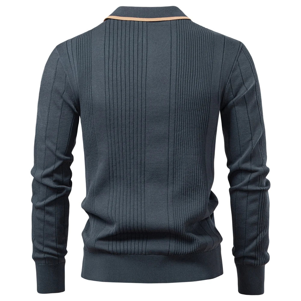Men's Fine-Rib Long-Sleeve Polo, Contrast-Trim Collar Knit