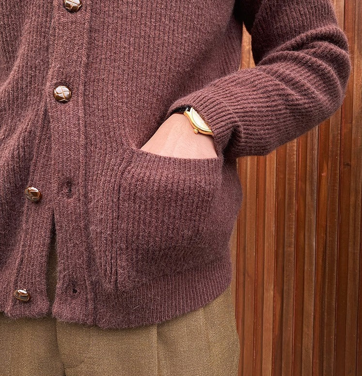 Men's Fine-Rib Shawl-Collar Cardigan, Two Patch Pockets