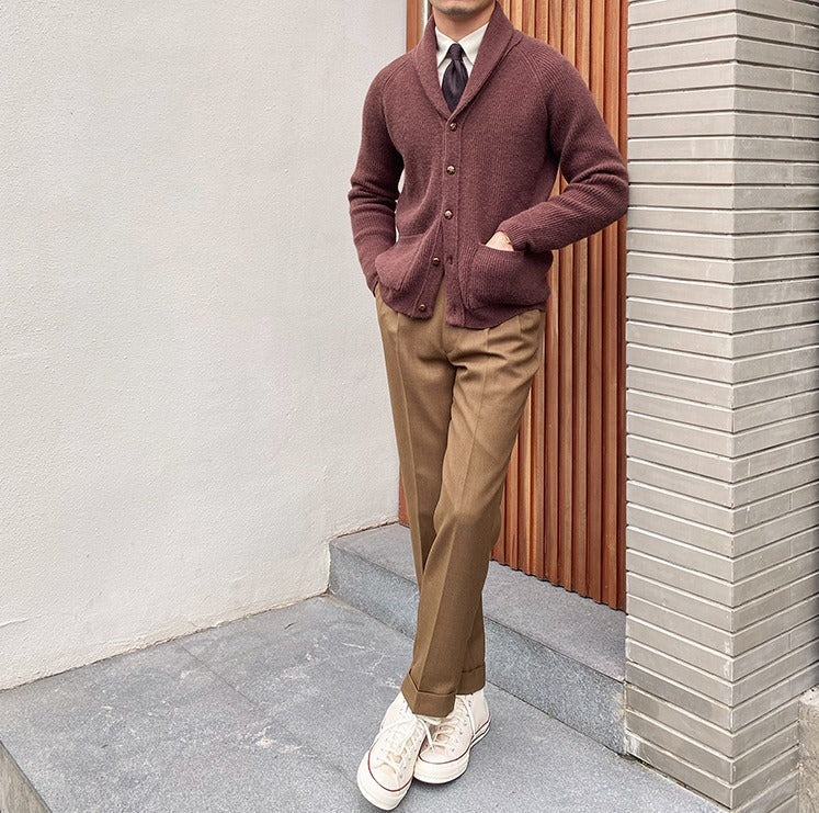 Men's Fine-Rib Shawl-Collar Cardigan, Two Patch Pockets