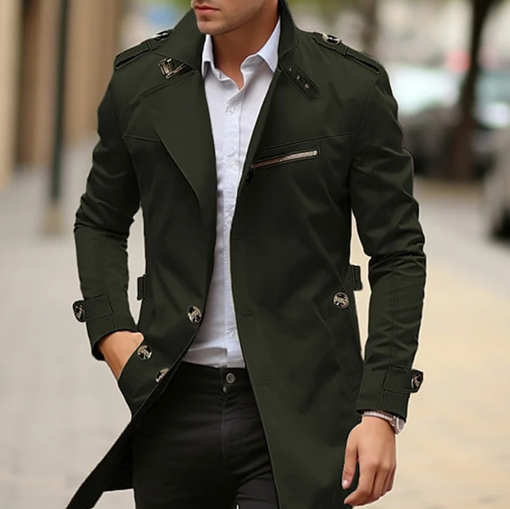 Men's Woven Longline Trench Coat, Epaulette Zip-Pocket Overcoat