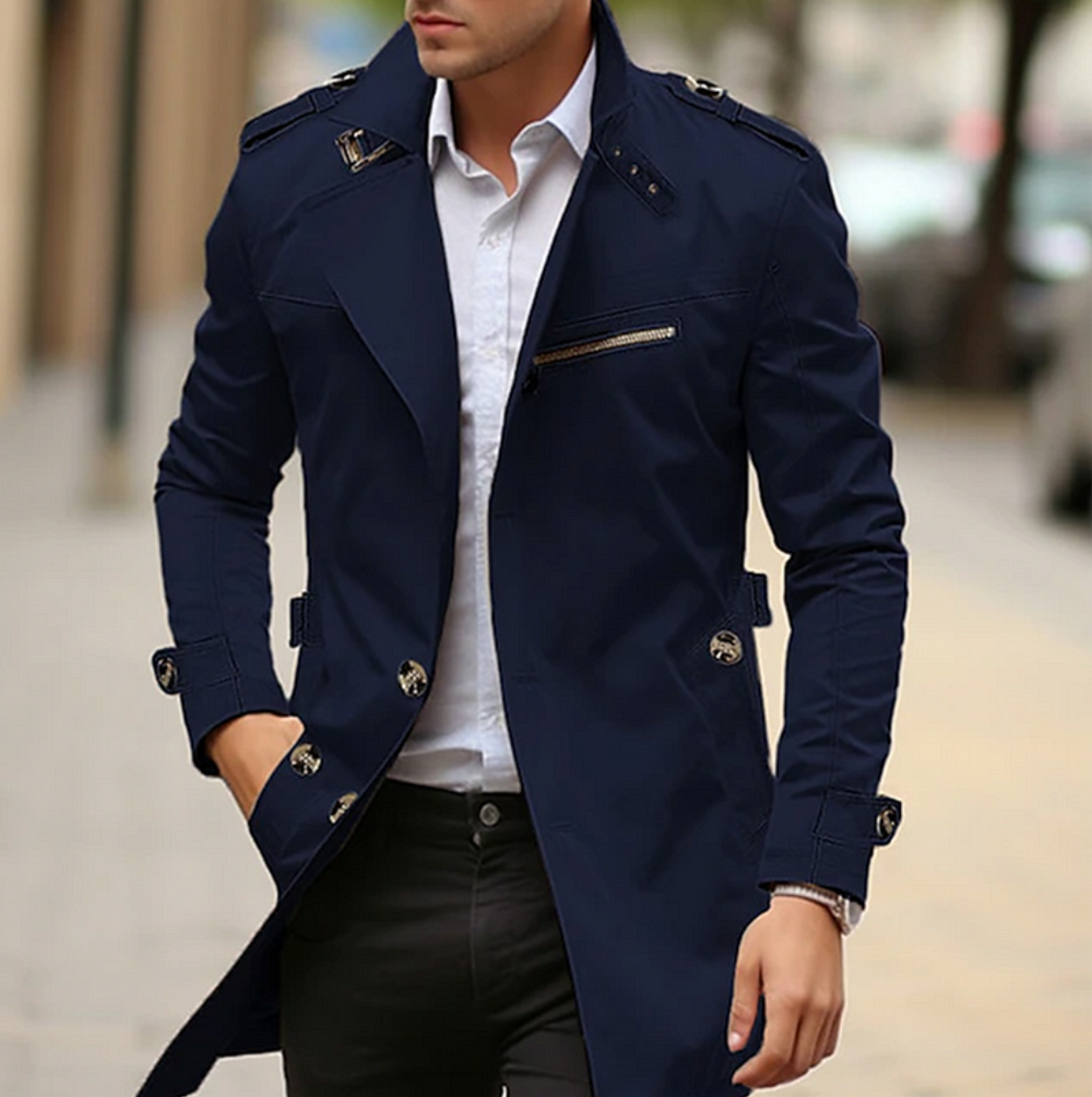 Men's Woven Longline Trench Coat, Epaulette Zip-Pocket Overcoat