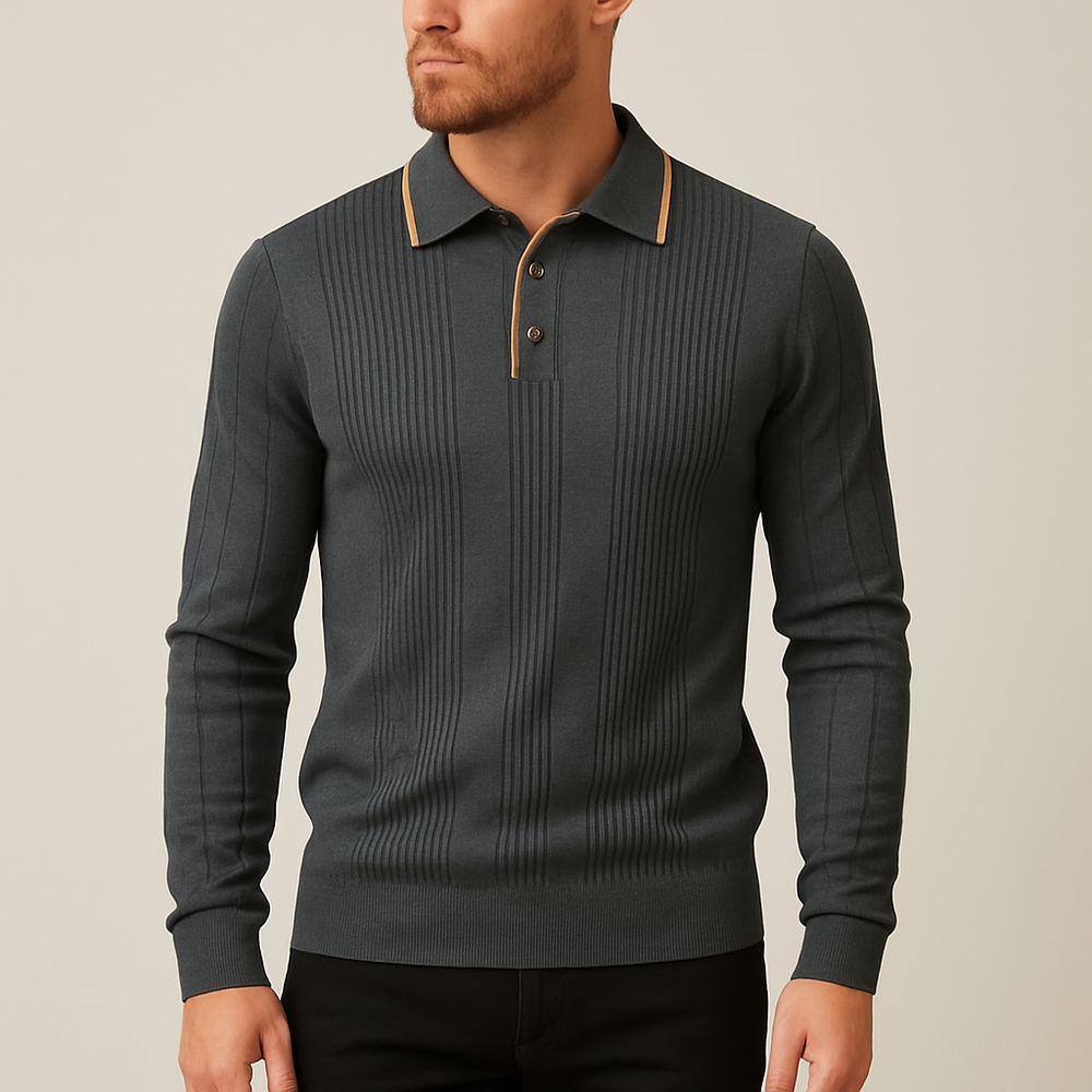 Men's Fine-Rib Long-Sleeve Polo, Contrast-Trim Collar Knit