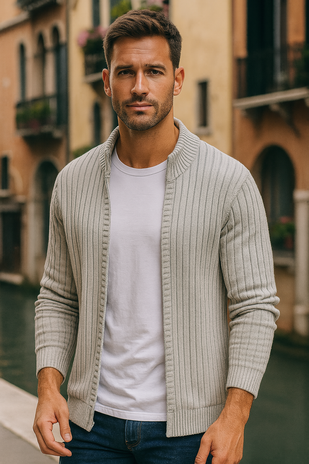 Men's Ribbed Open Cardigan, Cold-Weather Knit-Blend Front-Button Sweater