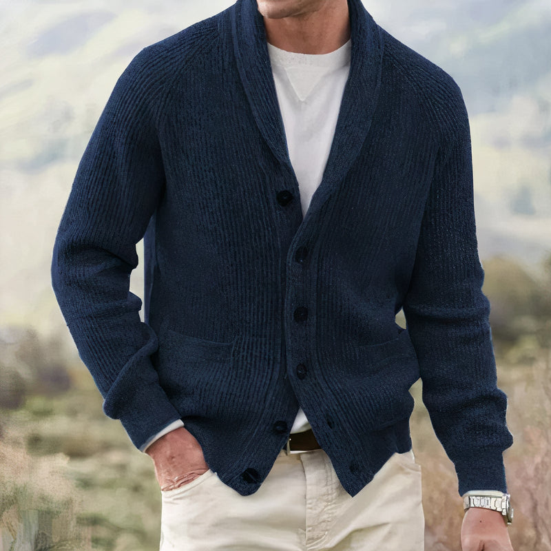 Men's Ribbed Shawl-Collar Cardigan, Autumn Button Knit