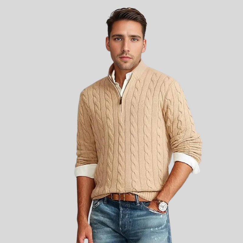 Men's Cable-Knit Quarter-Zip Pullover, Slim Stand-Collar Sweater
