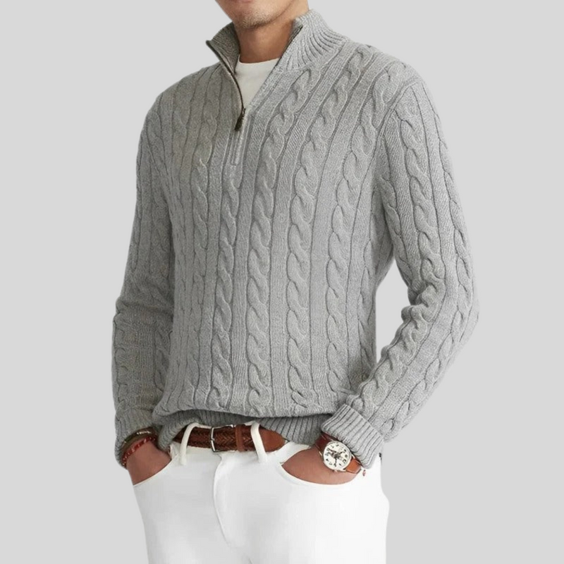 Men's Ribbed Zip-Neck Pullover, Autumn Stand-Collar Knit