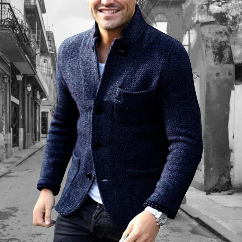 Men's Textured-Knit Blazer Cardigan, Stand-Collar Three-Pocket Jacket