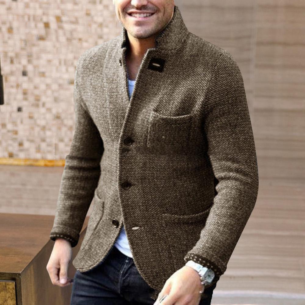 Men's Textured-Knit Blazer Cardigan, Stand-Collar Three-Pocket Jacket