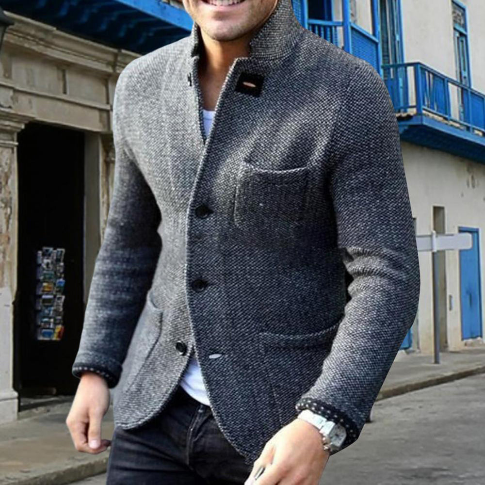 Men's Textured-Knit Blazer Cardigan, Stand-Collar Three-Pocket Jacket
