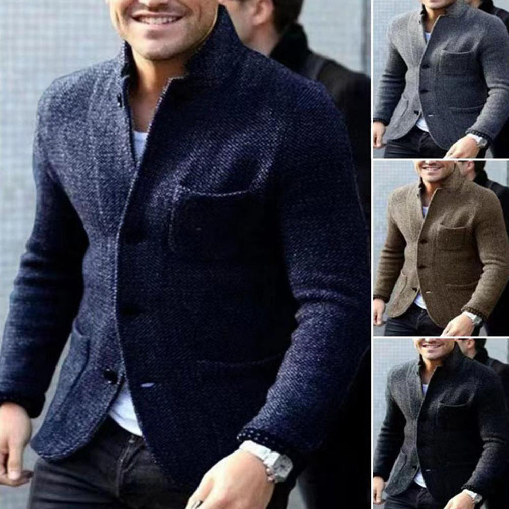 Men's Textured-Knit Blazer Cardigan, Stand-Collar Three-Pocket Jacket