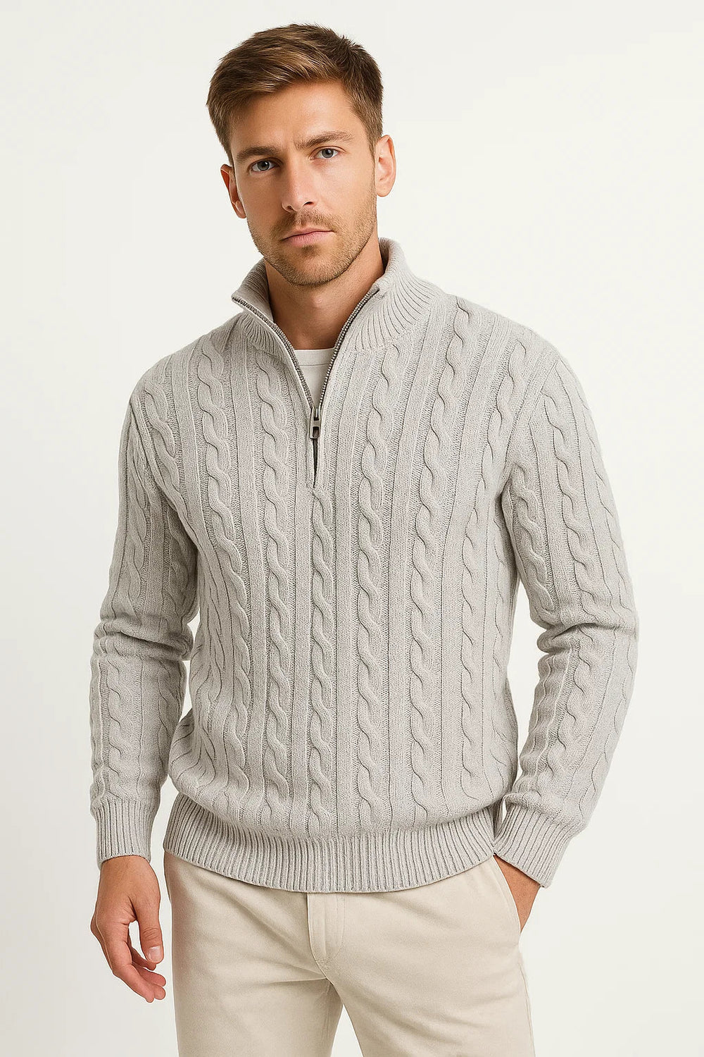 Men's Cable-Knit Zip-Neck Sweater, Chunky Stand-Collar Pullover