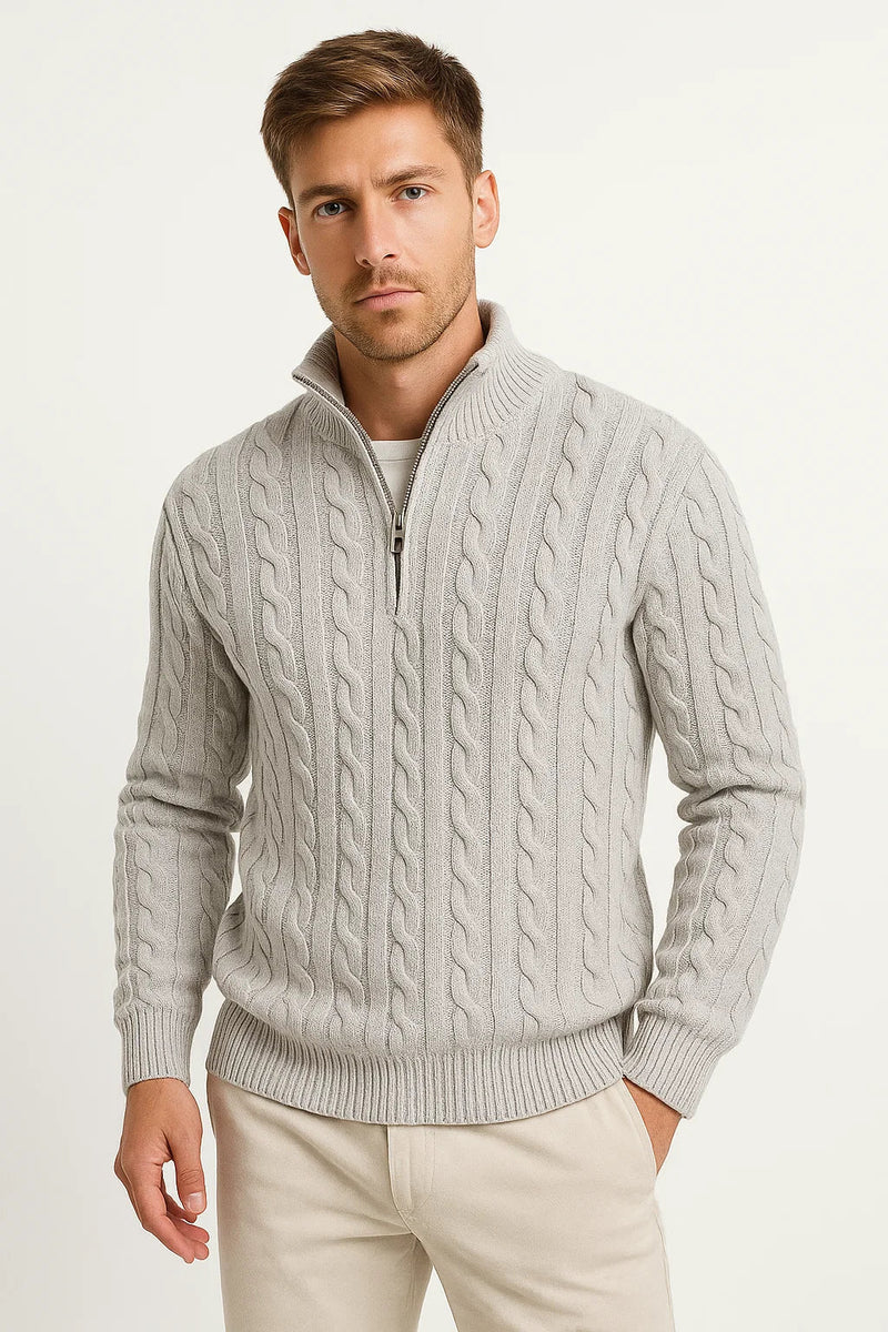Men's Cable-Knit Zip-Neck Sweater, Chunky Stand-Collar Pullover