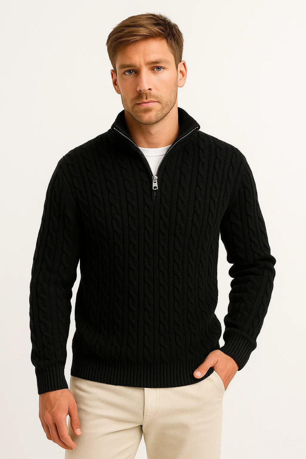 Men's Cable-Knit Zip-Neck Sweater, Chunky Stand-Collar Pullover