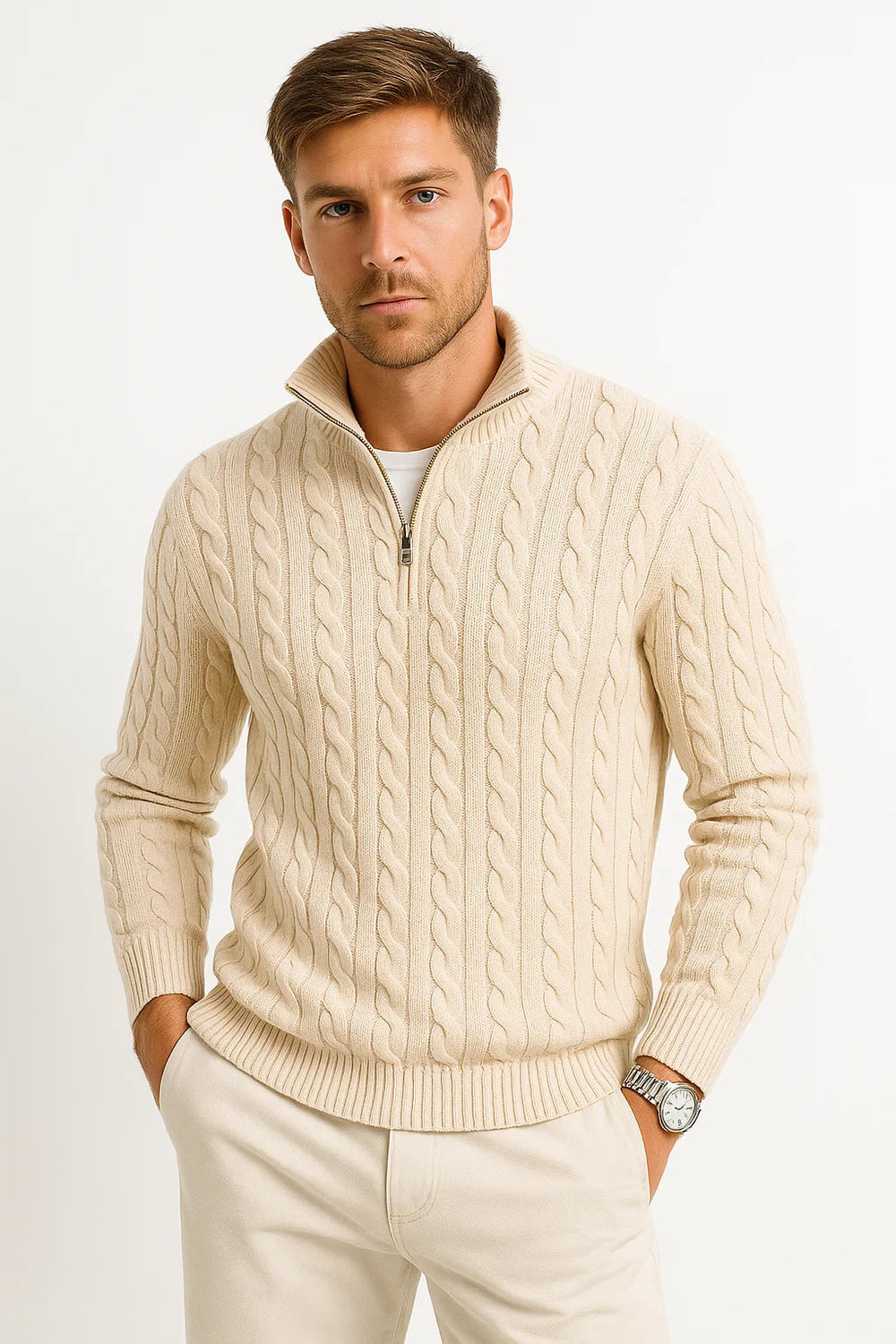 Men's Cable-Knit Zip-Neck Sweater, Chunky Stand-Collar Pullover