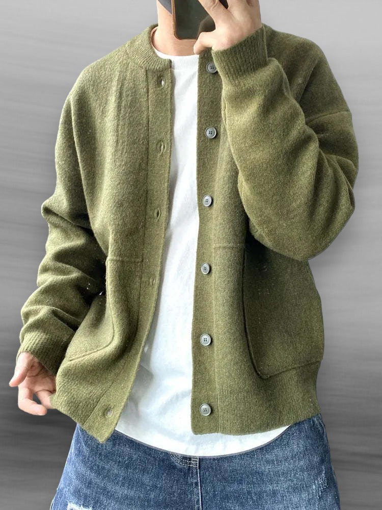 Men's Brushed Crewneck Button Cardigan, Collarless with Patch Pockets