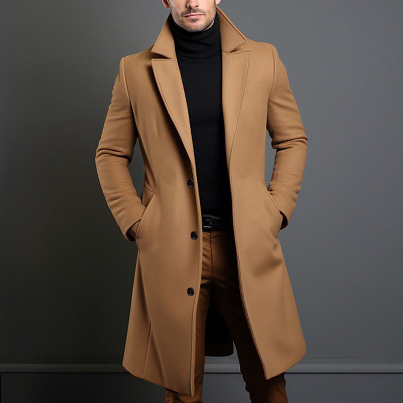 Men's Wool-Blend Notch-Lapel Overcoat, Winter Longline Jacket