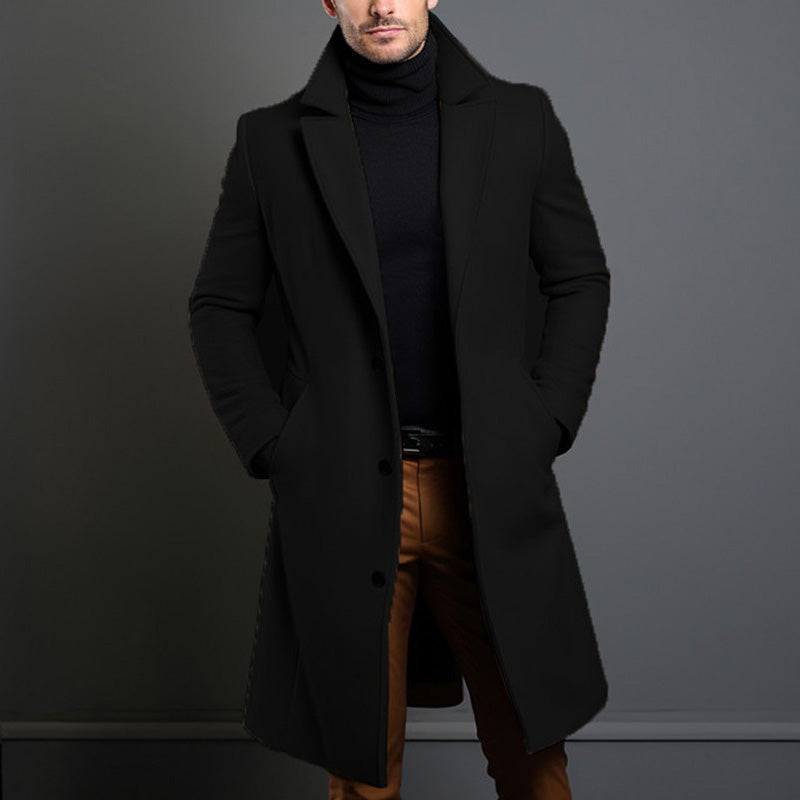 Men's Notch-Lapel Overcoat, Three-Button Below-Knee Coat