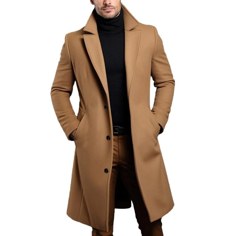 Men's Notch-Lapel Overcoat, Three-Button Below-Knee Coat