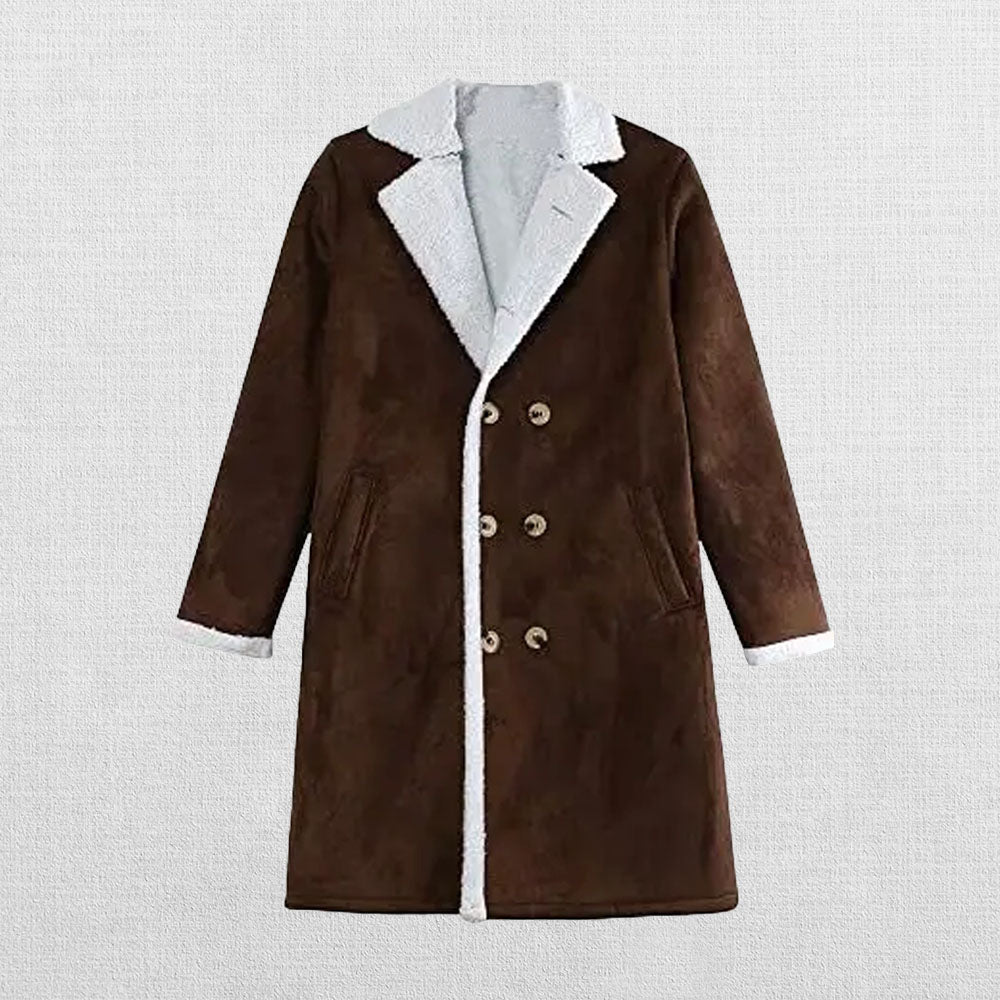 Men's Faux-Suede Double-Breasted Longline Coat, Faux-Shearling Lined