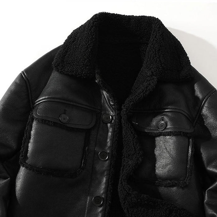 Men's Faux-Leather Sherpa-Lined Trucker Jacket, Button-Front Winter Coat