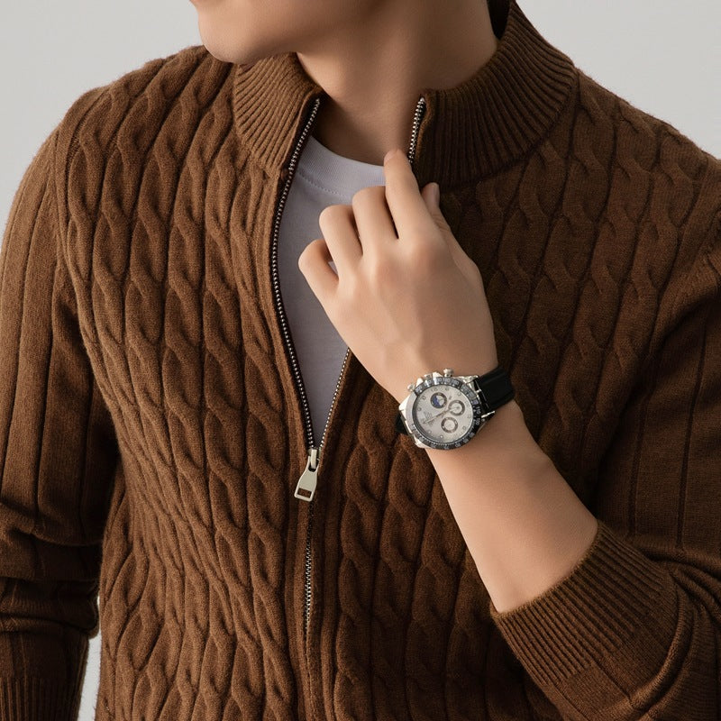 Men's Cable-Knit Full-Zip Cardigan, Stand-Collar Knit Jacket