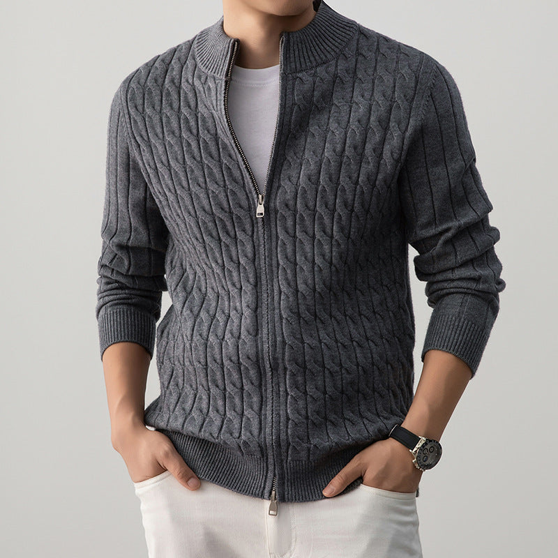 Men's Wool-Blend Ribbed-Trim Cardigan Top, Mid-Weight Button-Up Knit