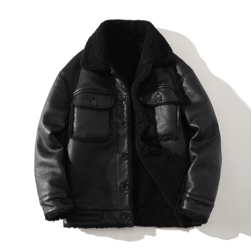 Men's Faux-Leather Sherpa-Lined Trucker Jacket, Button-Front Winter Coat