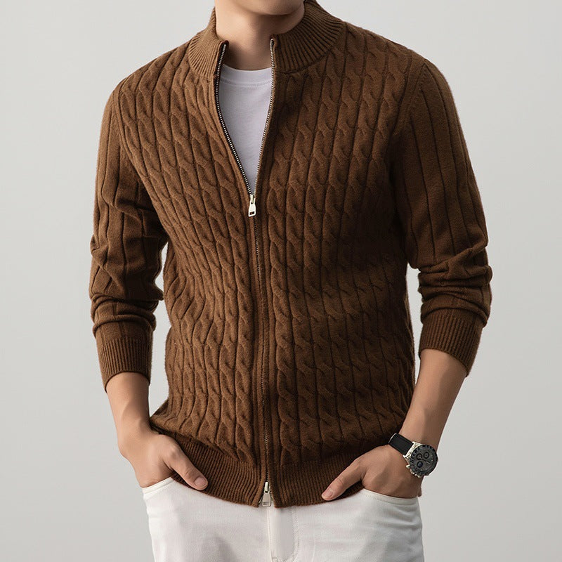 Men's Cable-Knit Full-Zip Cardigan, Stand-Collar Knit Jacket