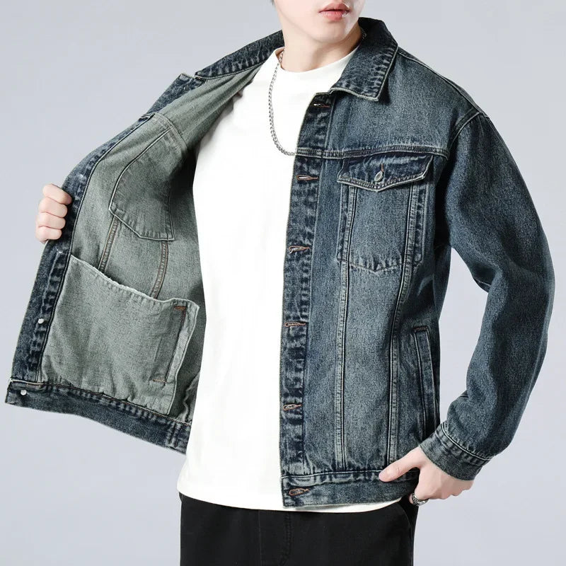 Men's Vintage-Wash Denim Trucker Jacket, Boxy Chest-Pocket Coat