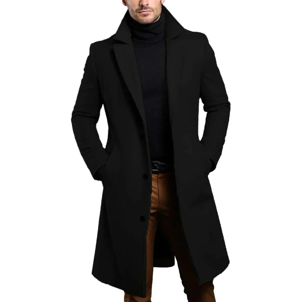 Men's Dense Woven Overcoat, Notch-Lapel Single-Breasted Longline Coat