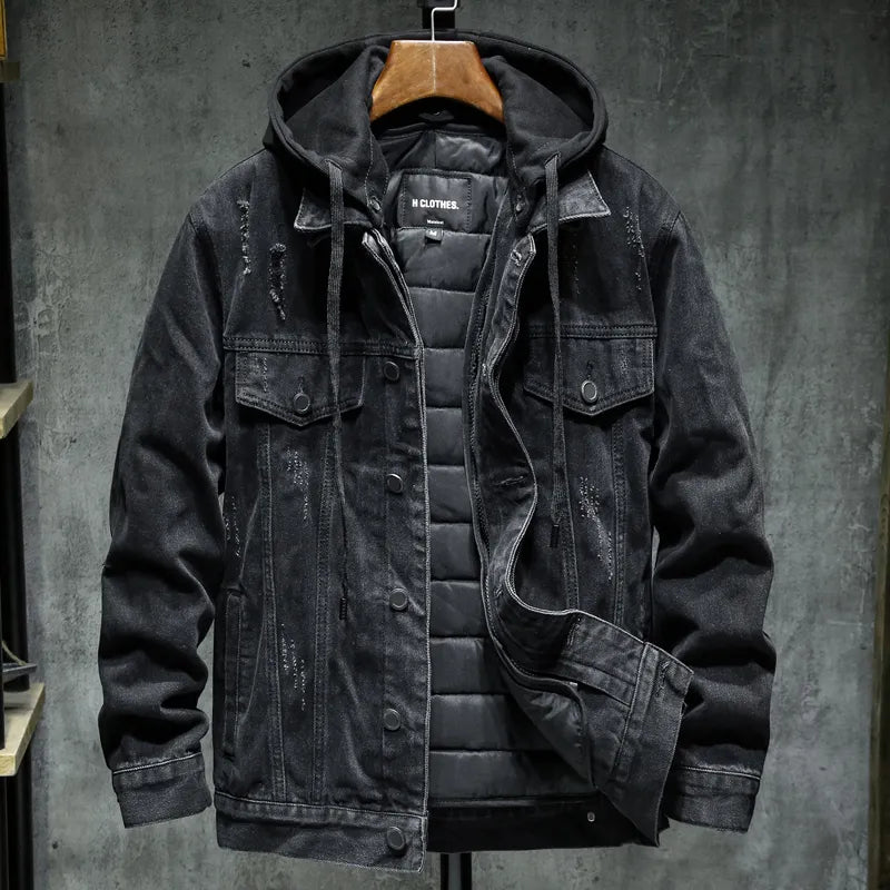 Men's Hooded Denim Trucker Jacket, Quilt-Lined Distressed Coat