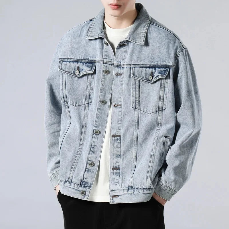 Men's Vintage-Wash Denim Trucker Jacket, Boxy Chest-Pocket Coat