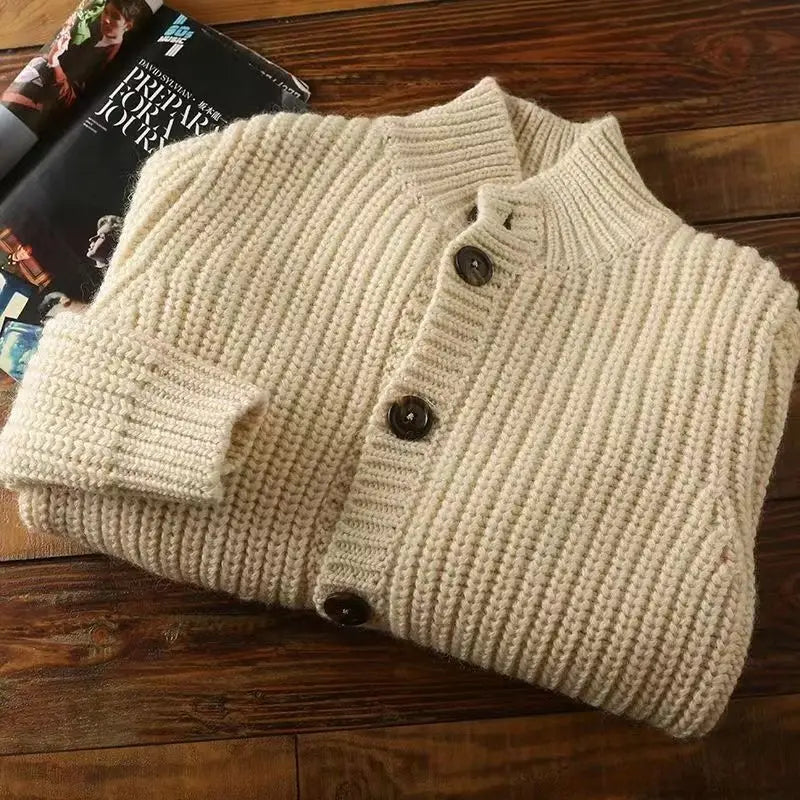 Men's Heavy Rib Cardigan, Stand Shawl Collar and Deep Patch Pockets