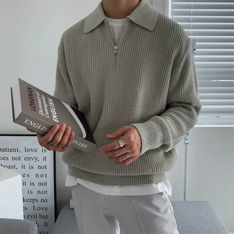 Men's Waffle-Knit Zip-Neck Sweater, Oversized Collared Pullover