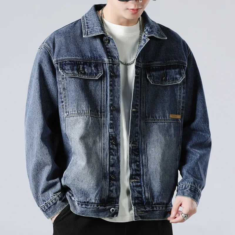 Men's Denim Chest-Pocket Jacket, All-Season Cotton-Blend Zip Overcoat