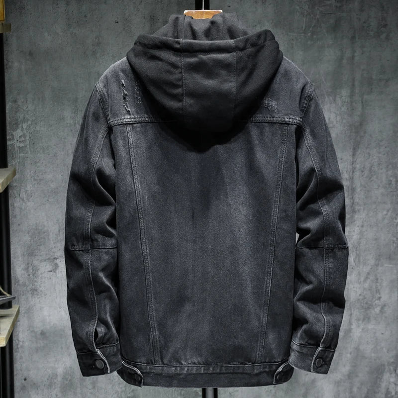 Men's Hooded Denim Trucker Jacket, Quilt-Lined Distressed Coat