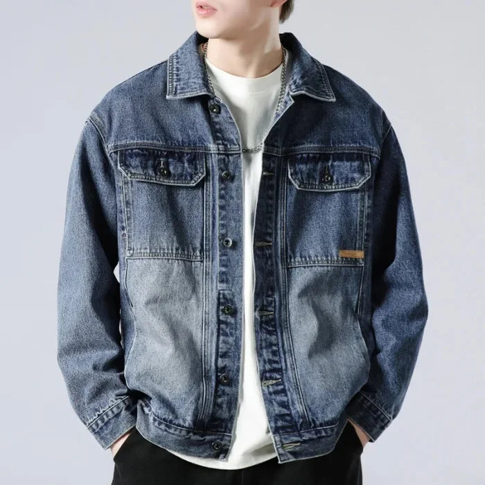 Men's Oversized Denim Trucker Jacket, Contrast-Wash Button Front