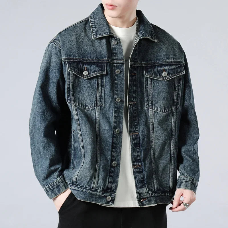 Men's Denim Chest-Pocket Utility Jacket, Cold-Weather Cotton-Blend Seasonal Coat