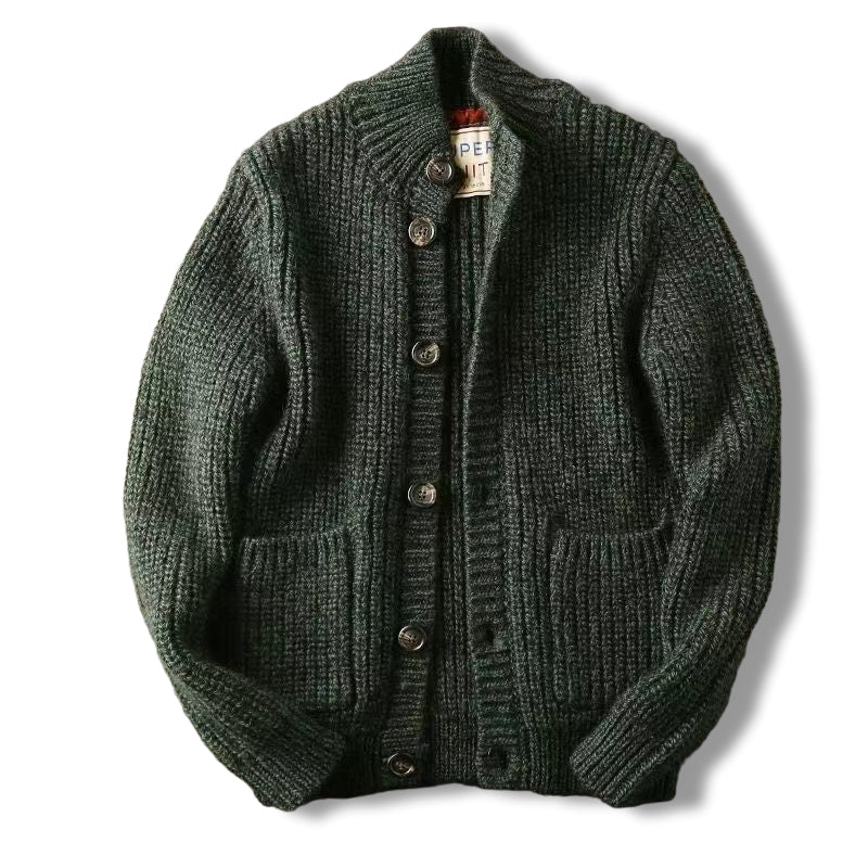 Men's Heavy Rib Cardigan, Stand Shawl Collar and Deep Patch Pockets