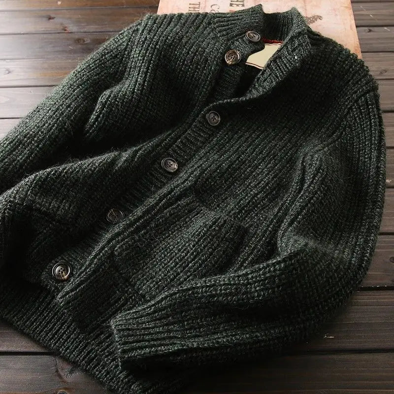 Men's Heavy Rib Cardigan, Stand Shawl Collar and Deep Patch Pockets