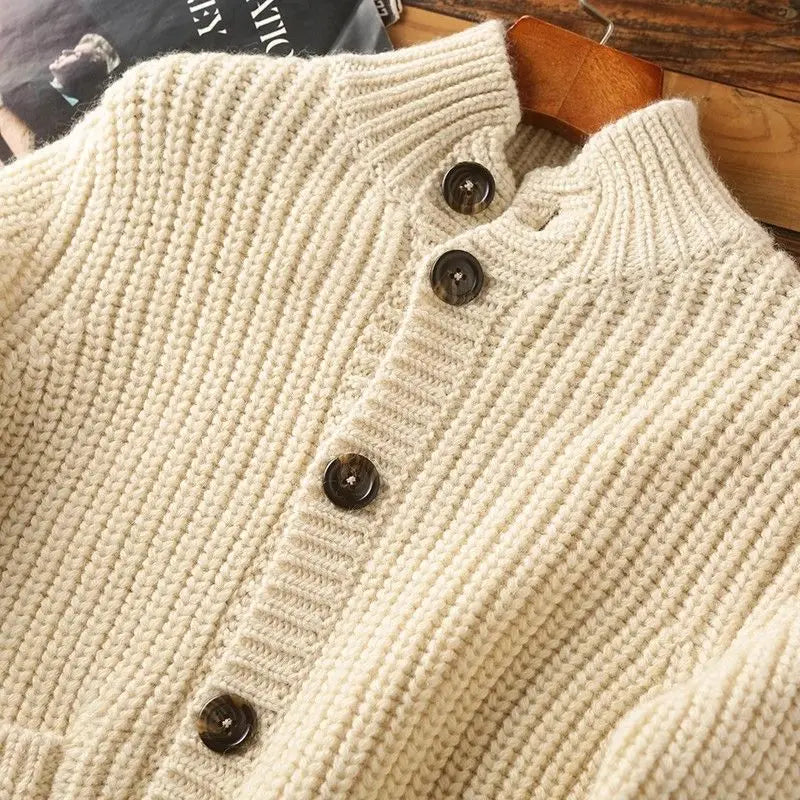 Men's Heavy Rib Cardigan, Stand Shawl Collar and Deep Patch Pockets