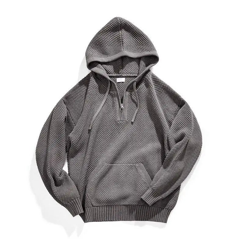 Men's Waffle-Knit Half-Zip Hoodie, Drawstring Pouch-Pocket Sweater