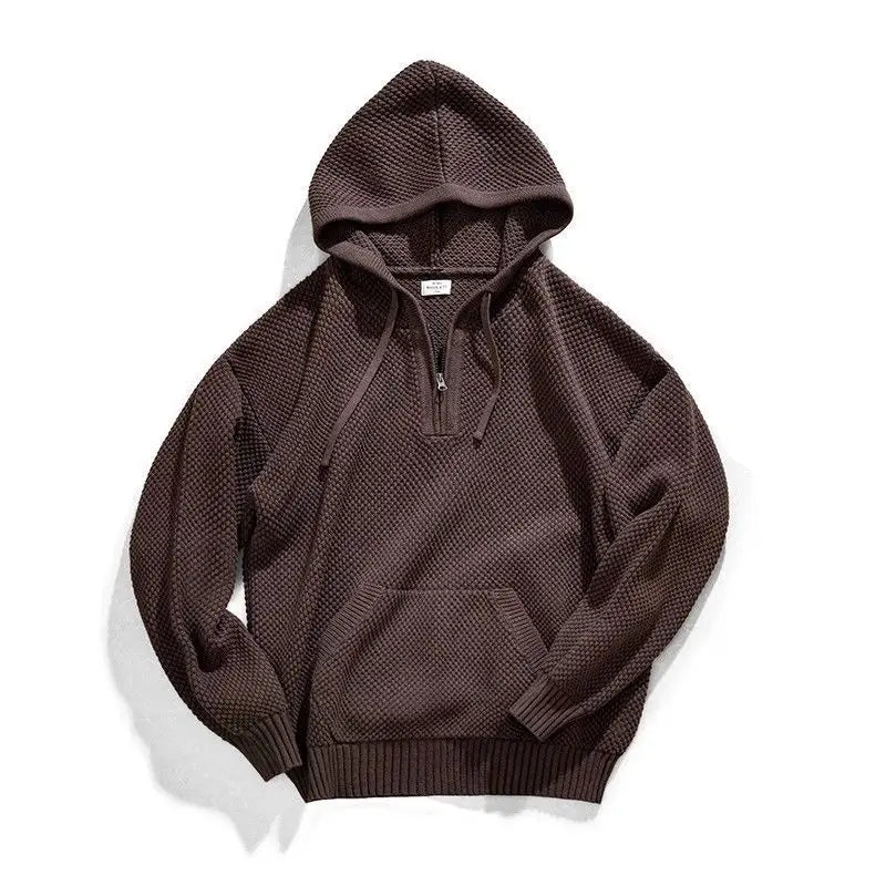 Men's Waffle-Knit Half-Zip Hoodie, Drawstring Pouch-Pocket Sweater