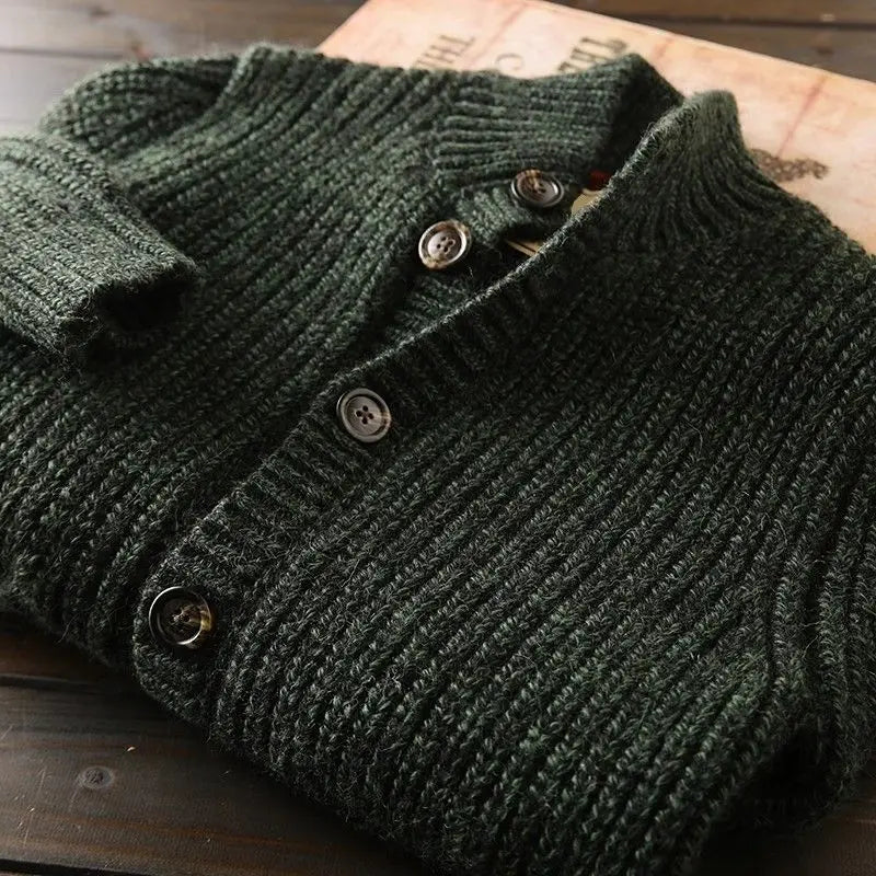 Men's Heavy Rib Cardigan, Stand Shawl Collar and Deep Patch Pockets