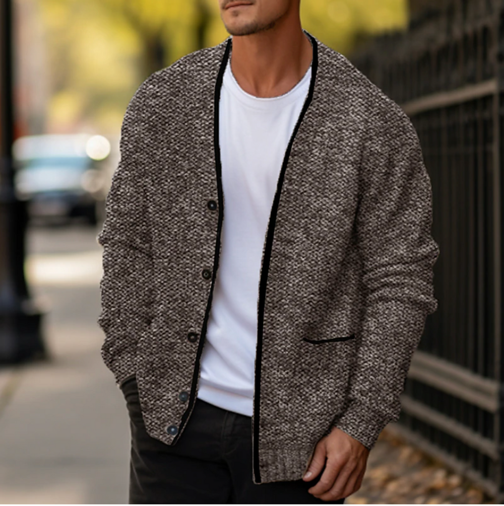 Men's Contrast-Trim V-Neck Cardigan, Two-Pocket Textured Knit