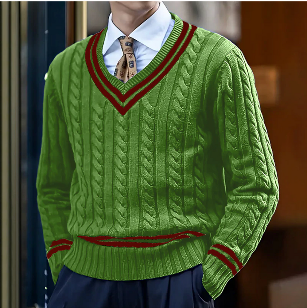 Men's Cable-Knit V-Neck Sweater, Contrast-Stripe Cricket Pullover
