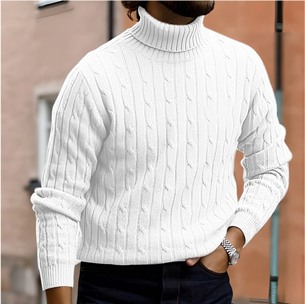 Men's Cable-Knit Turtleneck Sweater, Fold-Over Collar Pullover
