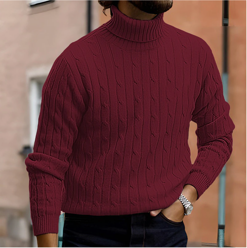 Men's Cable-Knit Turtleneck Sweater, Fold-Over Collar Pullover