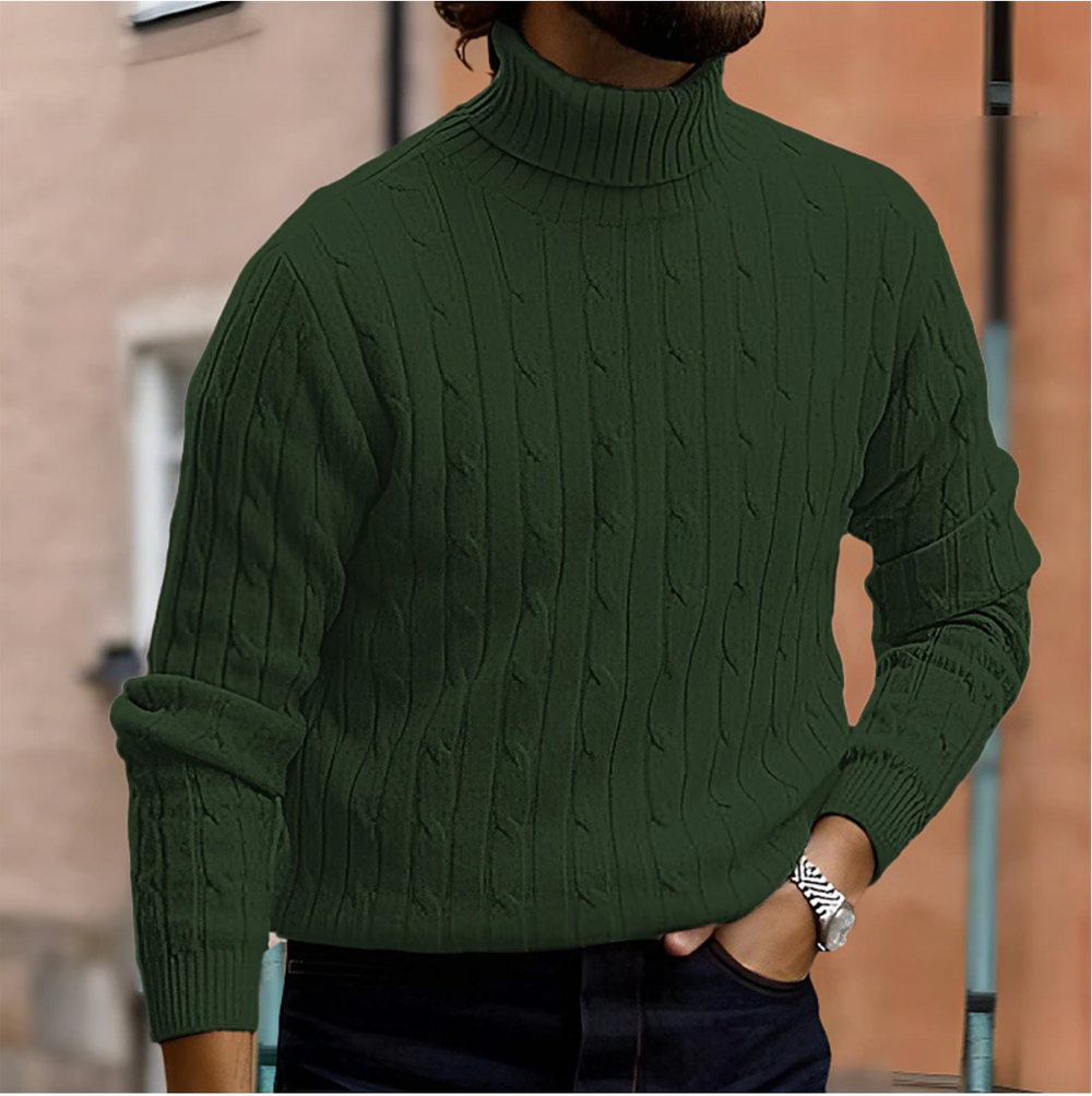Men's Cable-Knit Turtleneck Sweater, Fold-Over Collar Pullover