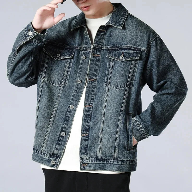 Men's Vintage-Wash Denim Trucker Jacket, Boxy Chest-Pocket Coat